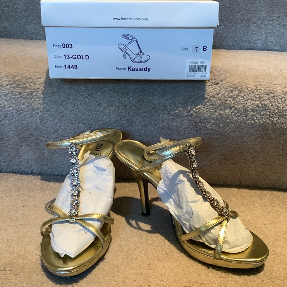 Sexy gold w/rhinestone Kassidy 3” heels from Baker Shoes.
